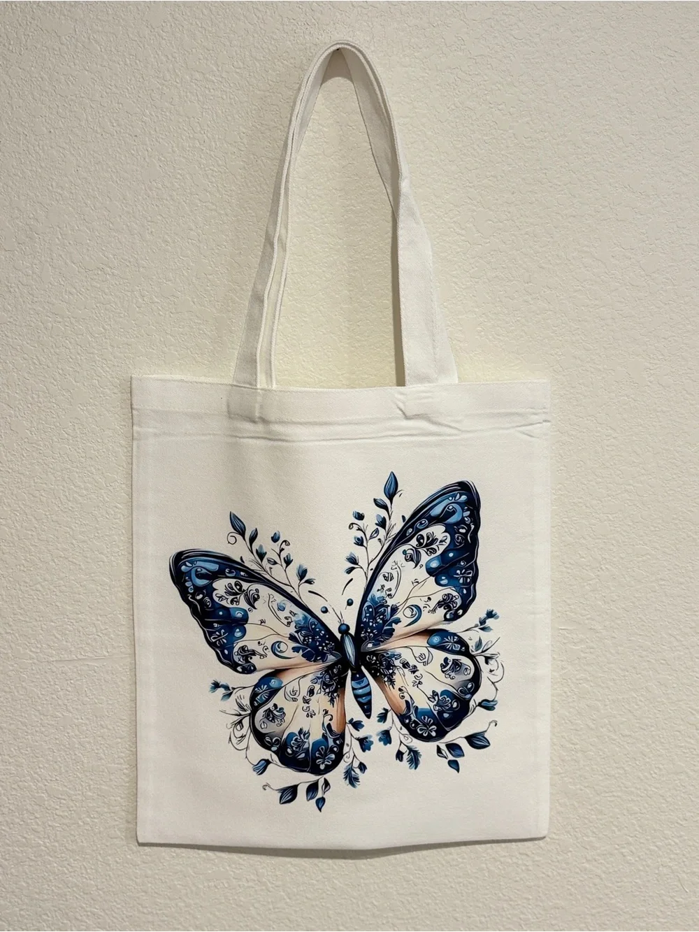 Handmade Canvas Tote Bag with Blue Butterfly Graphic - White - Picture 2 of 2